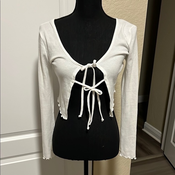 White Long Sleeve Tie-Front Top - Picture 1 of 3